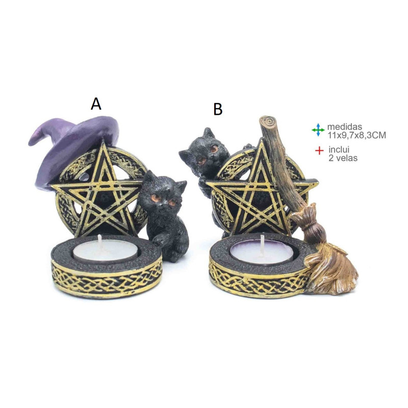 Mystic Cat Candle Holder with Pentagram
