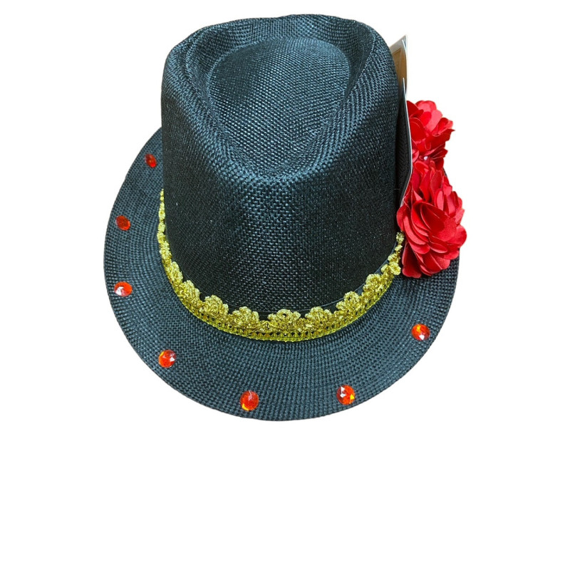 Sombrero negro con flores y baraja de cartas 2,3 y As (CH02)