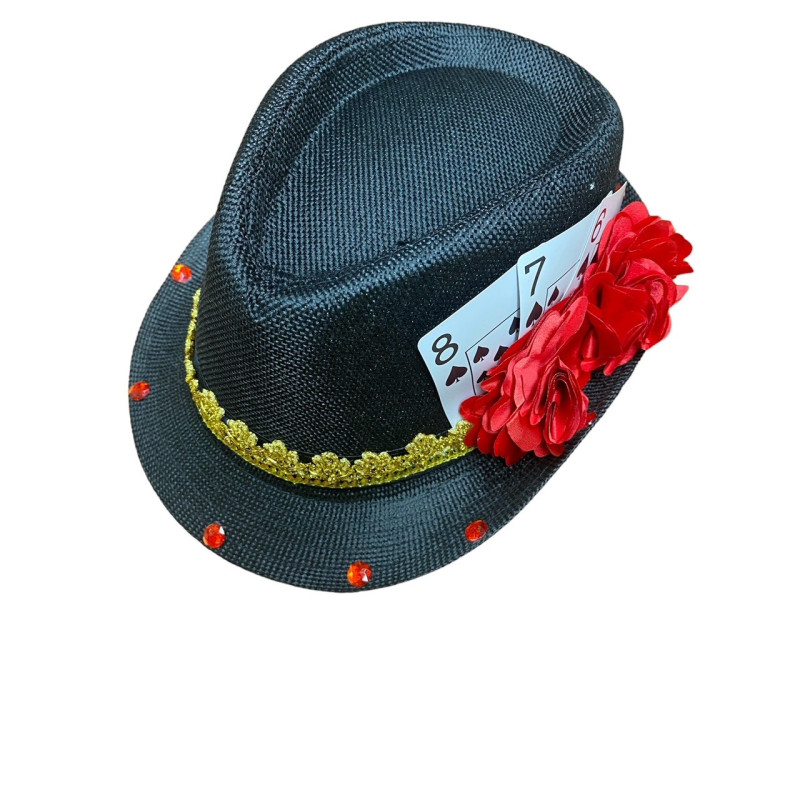 Black hat with flowers and deck of cards 8,7 and 6 (CH03)